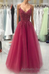 Wine Red Tulle Straps Lace Applique Long Formal Dresses, Wine Red Evening Prom Dresses
